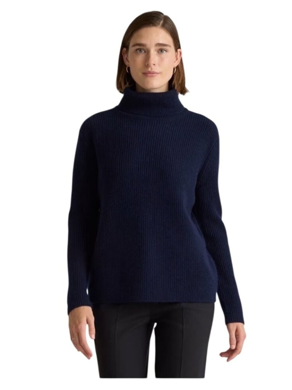 Quince Mongolian Cashmere Fisherman Turtleneck Sweater Navy Blue S